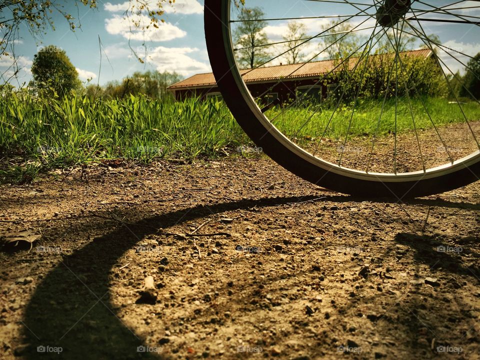For a ride!. Bicycle wheel, its shadow and summer