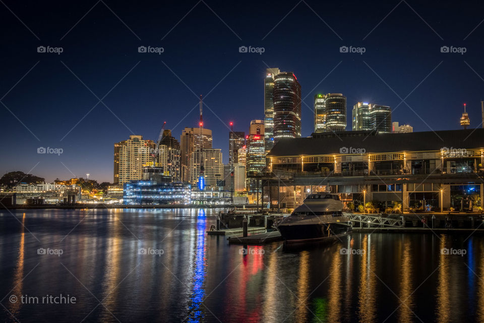 Front right is the Jones Bay Wharves, in the background, Sydney City midtown and centre left (the blue lights) is the start of the build of the new and rather contentious casino at Barangaroo