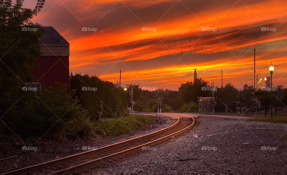 Sunset over a train station in Plattsburgh, New York