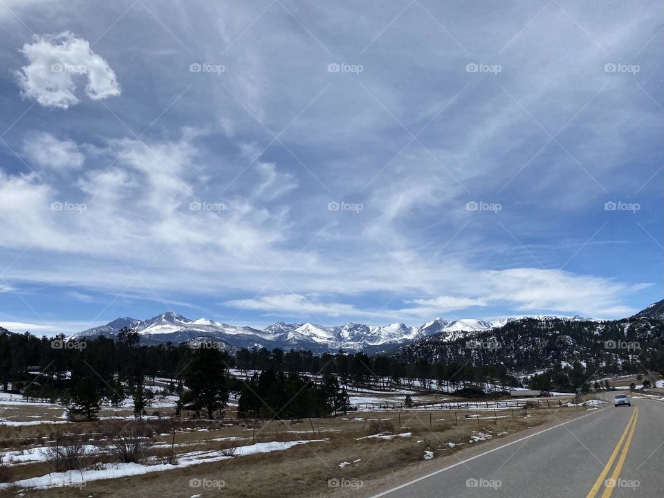 View of a snow covered mountain range. 