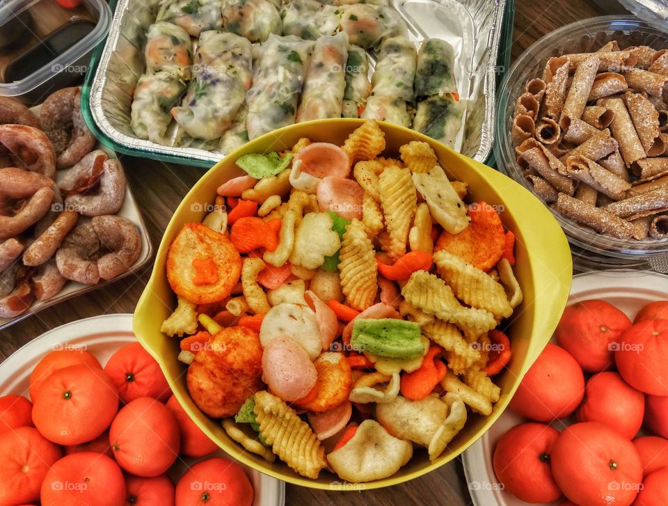 Festive colorful traditional snacks for Chinese New Year party