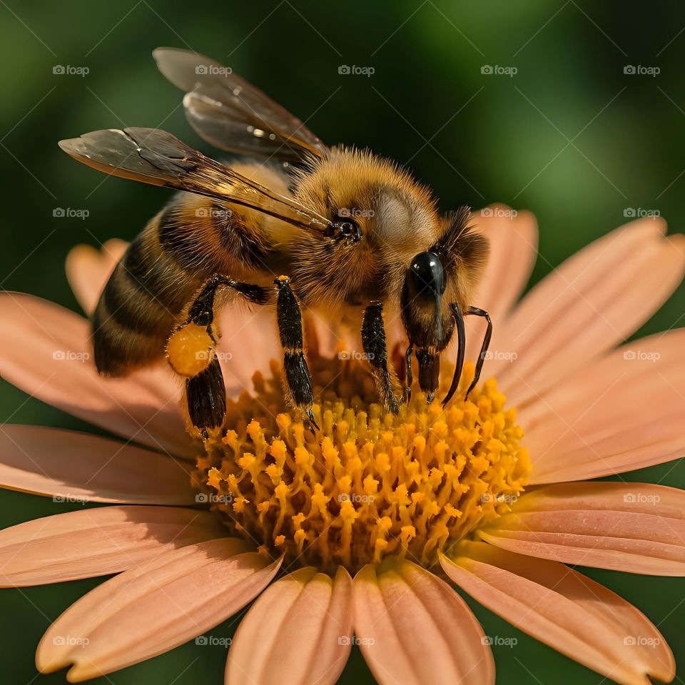 Vivid close-up of a diligent bee in the heart of a yellow flower under soft sunlight.