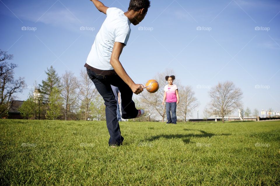 Playing soccer 