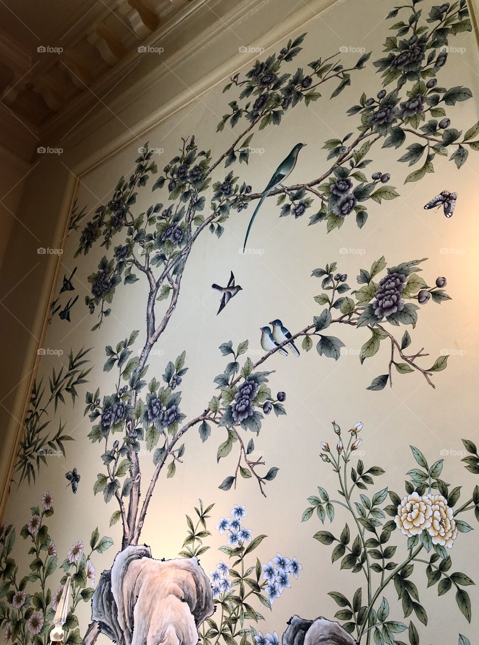 Hand painted wallpaper at the Lily House