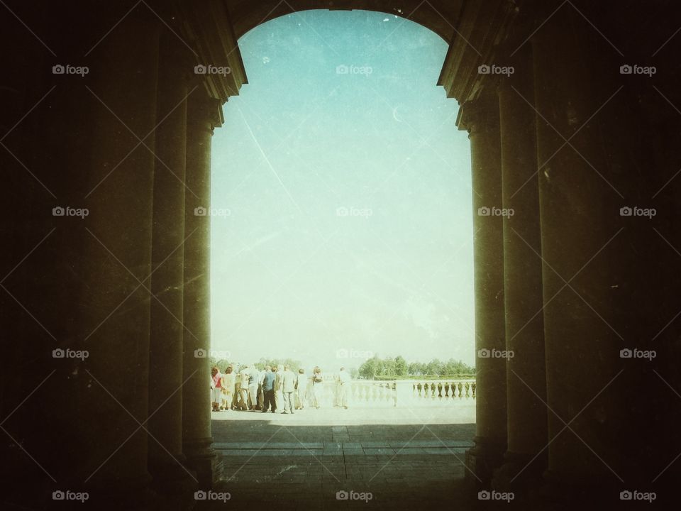 Tunnel made of columns with a view on the sky in Saint-Petersburg, Russia