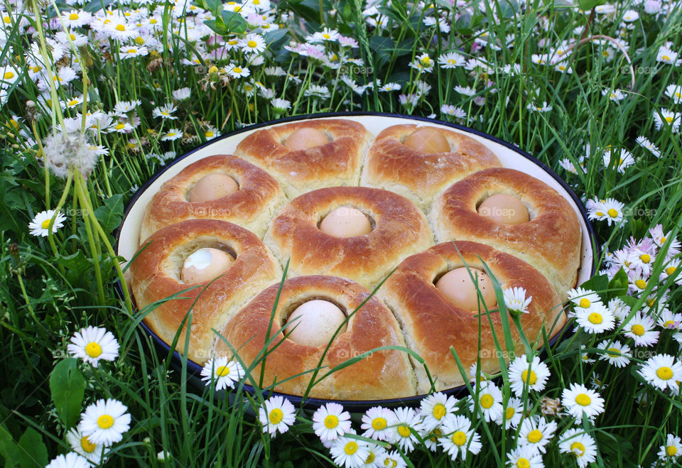 Baked traditional bread with eggs, called "Kukulnik", Bulgaria