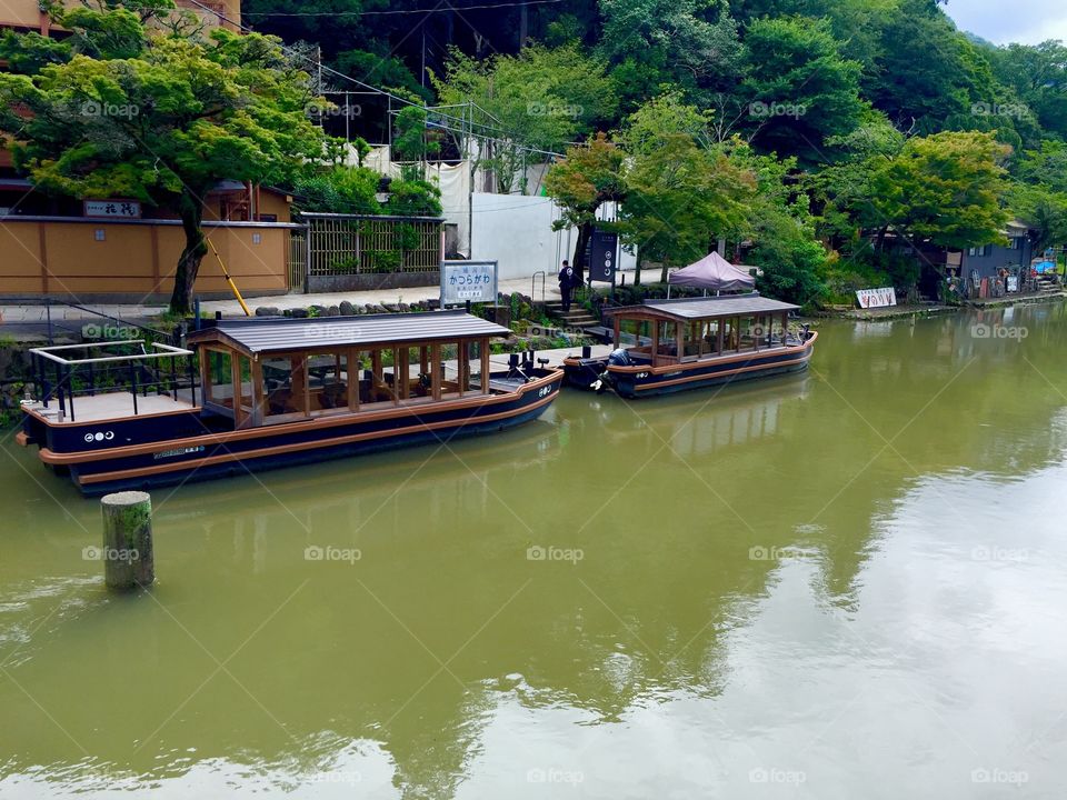 Boats alongside the Togetsukyo Bridge, Arashiyama Japan