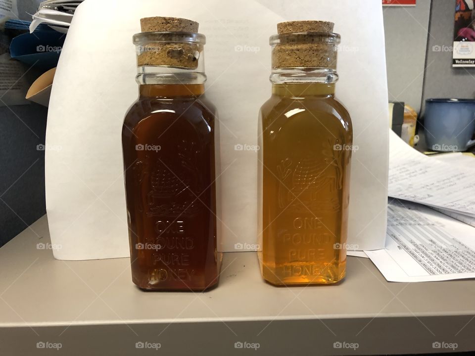 Ny locally made honey. Fall batch on the left and spring batch on the right.