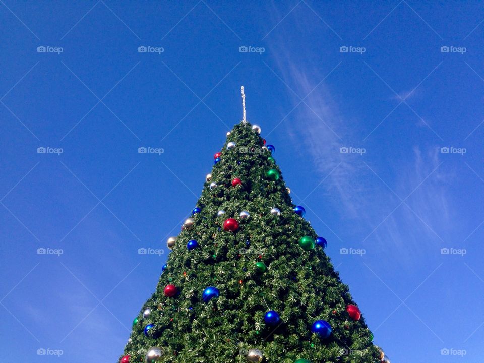 Christmas tree against a blue clear sky