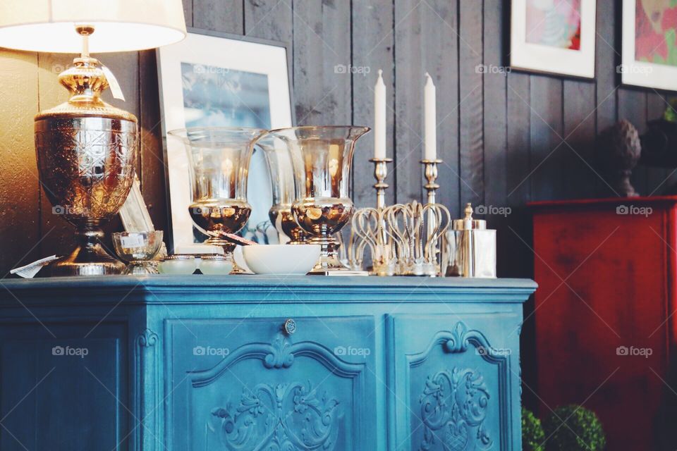 Beautiful shelf with ornamental things on top