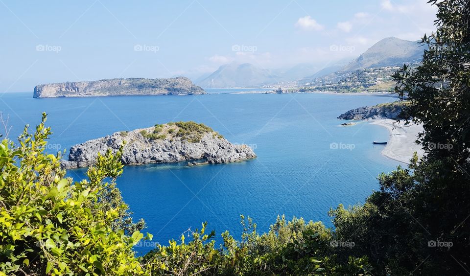 View of the Isola di Dino and Praia A Mare, Calabria, South Italy 