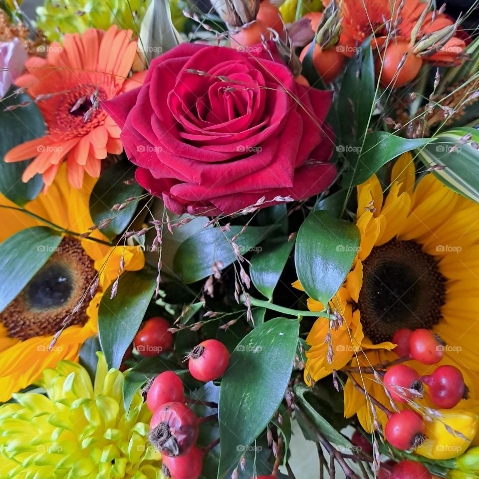 bouquet flowers. brightly colourled berries rose sunflower. closeup