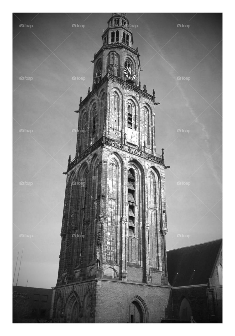 Black and white photo of old tower