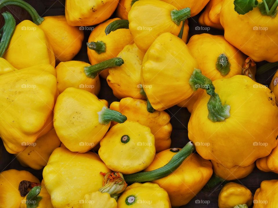 Yellow Summer Squash. Freshly Harvested Squash At A Farmer's Market
