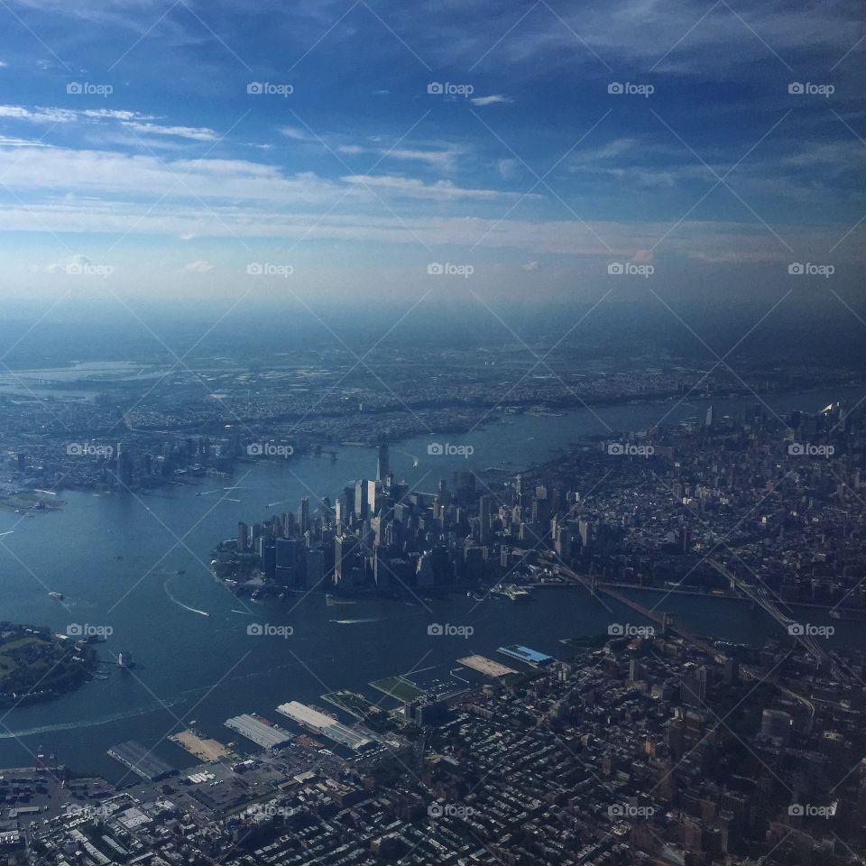 New York City Skyline from airplane - view of Financial district and lower Manhattan