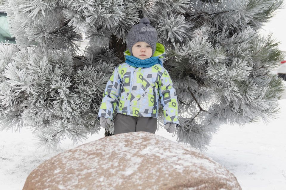 A small, carefree boy walks in winter through the white snow in the park, near the trees in the snow.