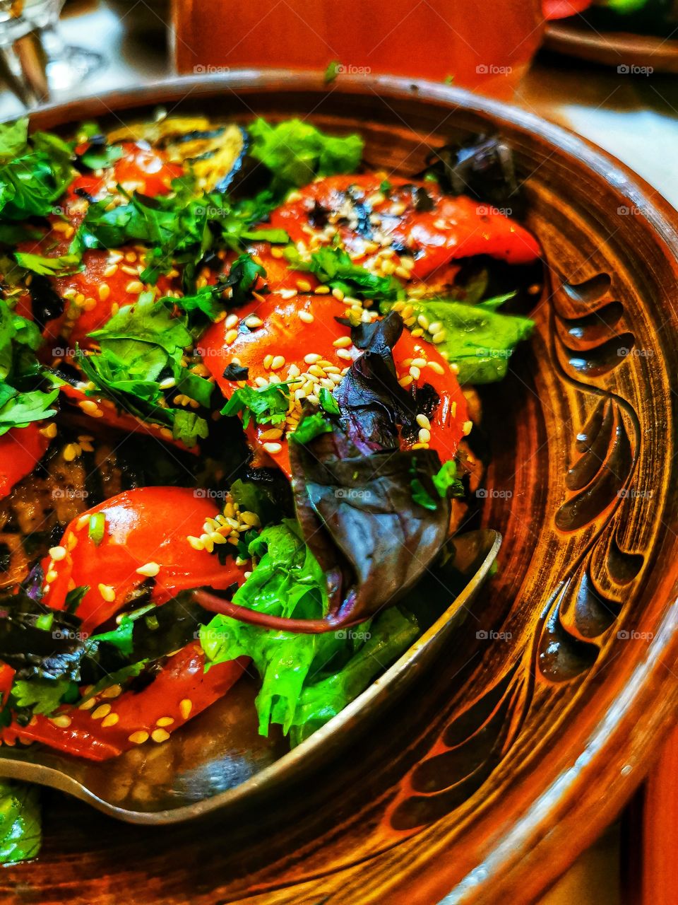 Food yummy served table day part red form plant healthy juicy view bio fresh tasty salad grill vegetables plate table wooden spoon