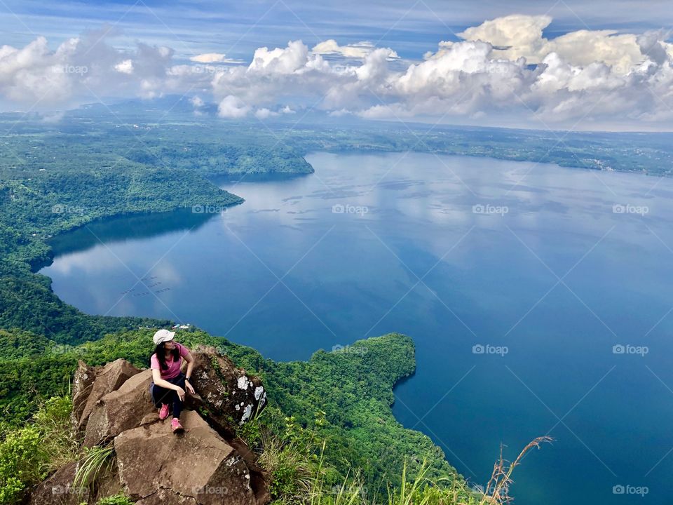 On top of the mountain with lake view