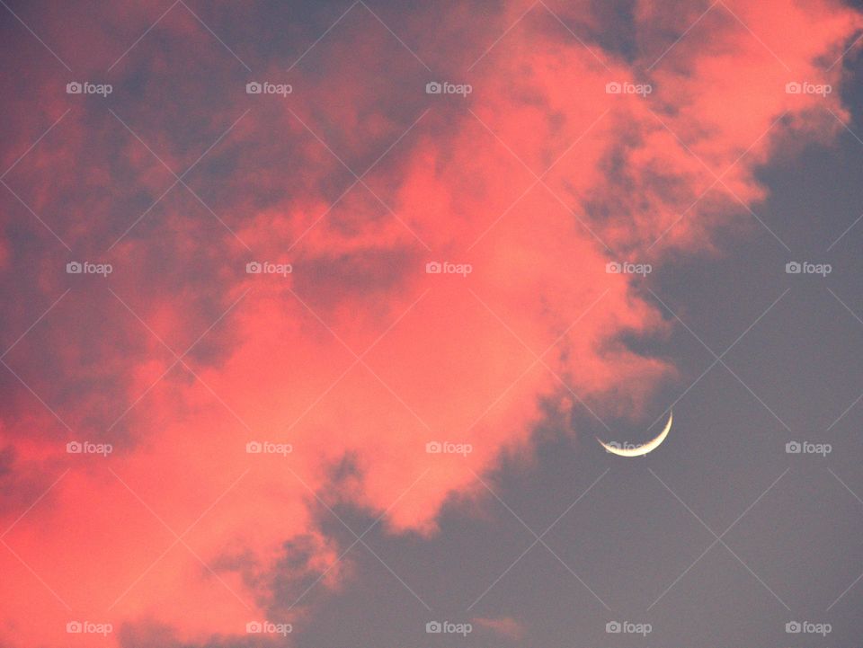 Nature at its best  - A beautiful crescent moon visible during sunset. The vibrant pink and orange hues in the sky are characteristic of sunsets, where sunlight is scattered by atmospheric particles, creating these warm colors.