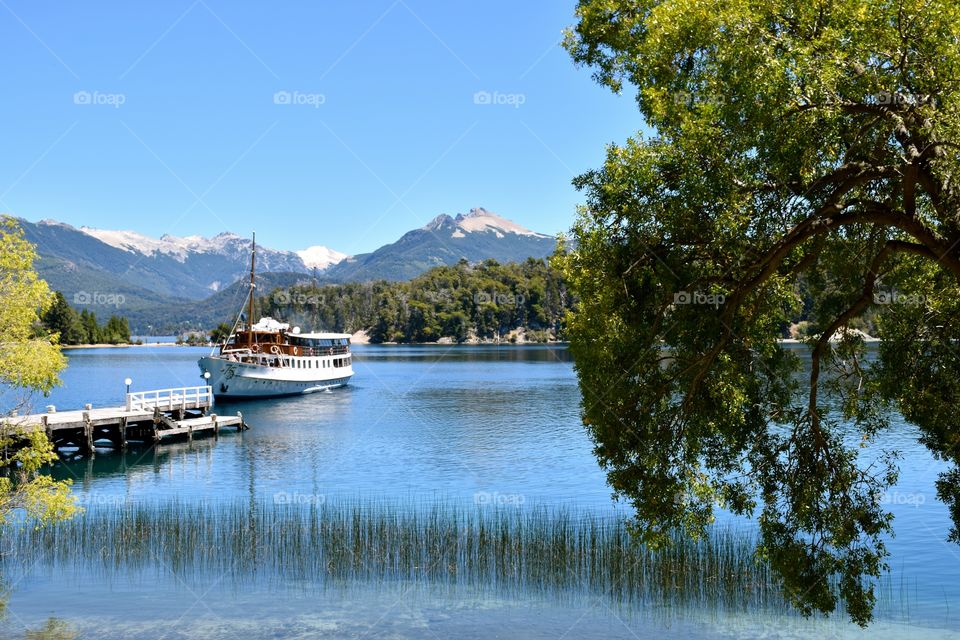 Boat approaching dock at Nahuel Huapi Lake Argentina