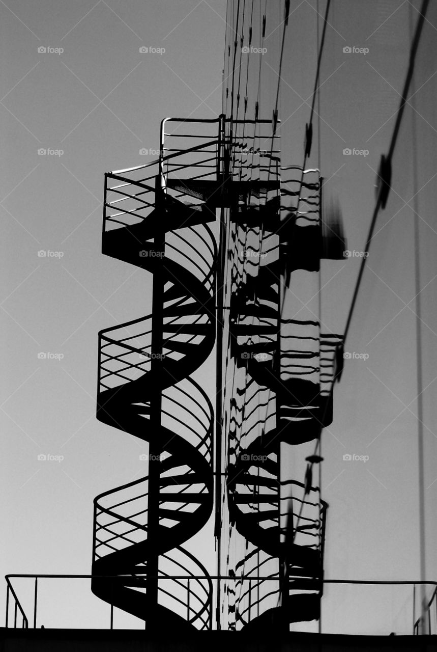 Stair reflected in the facade of the Museum of Art of Buenos Aires, Argentina