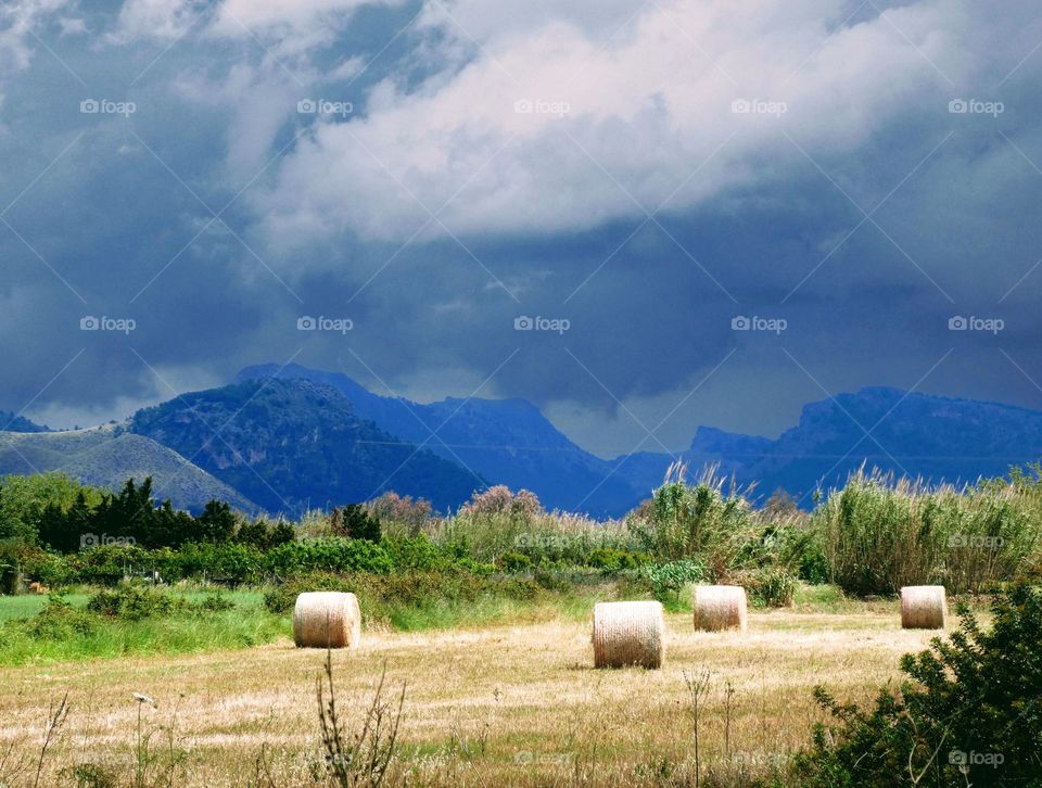 Dramatic dark storm clouds over mountains in the background with sunlit mown hay field and hay bales in the foreground