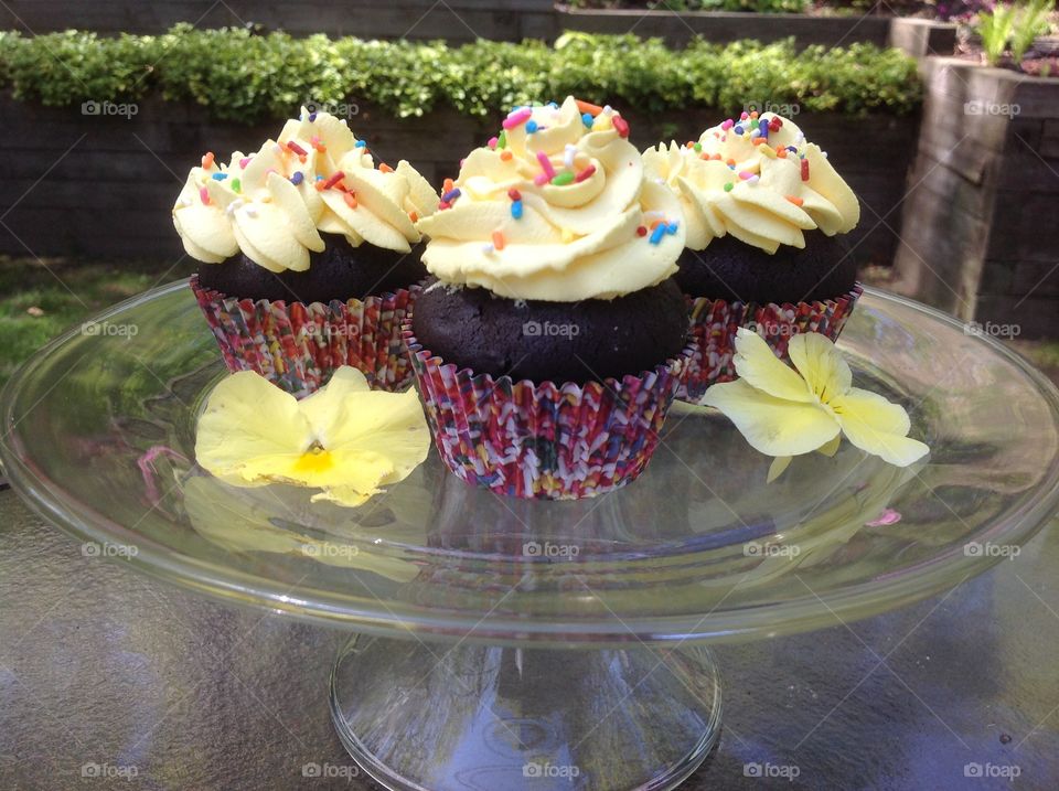 Delicious chocolate cupcake with rainbow sprinkles.