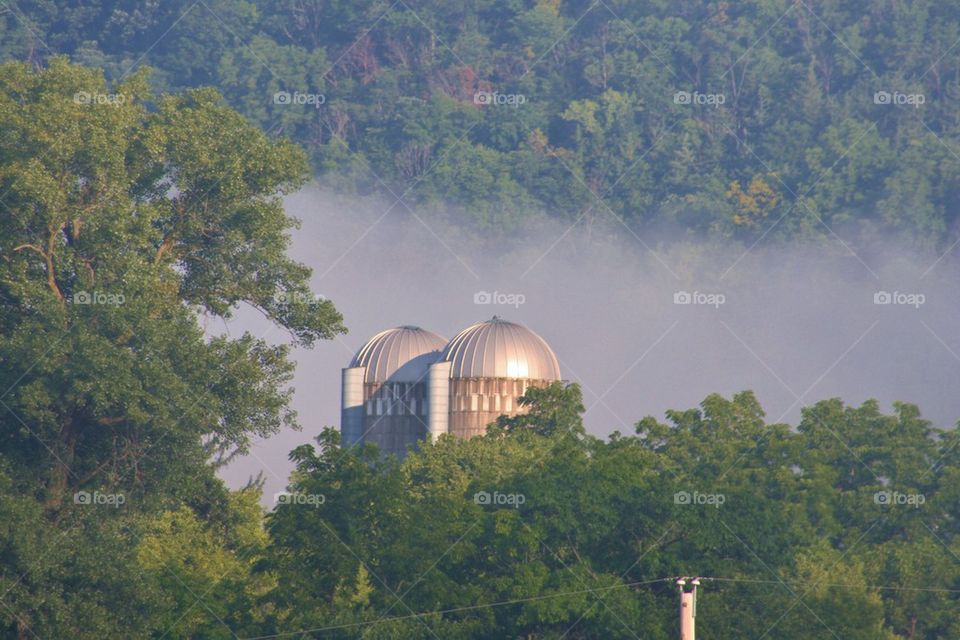 Morning fog with silos