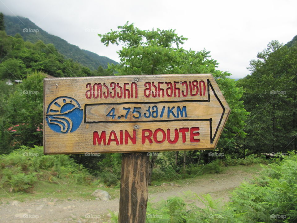 Mtirala, Georgia - July 1, 2010: Wooden hiking route sign at the Mtirala National Park in Adjara region of Georgia nearby Batumi and Kobuleti