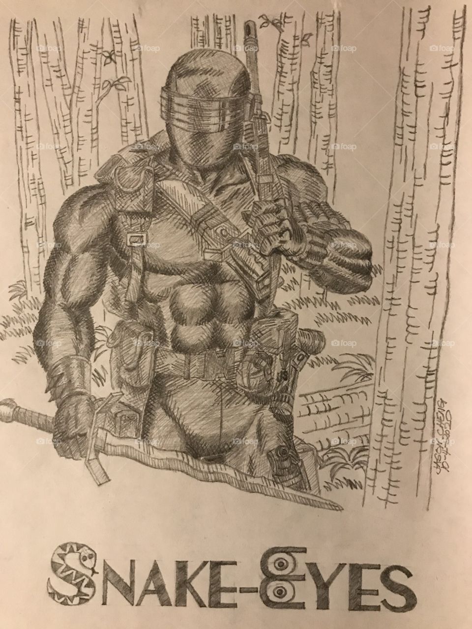 A detailed pencil illustration of Snake-Eyes from GI JOE: A REAL AMERICAN HERO. He is armed with a wavy two-handed sword and a M16A2. He is properly equipped with the essential battlefield gear.