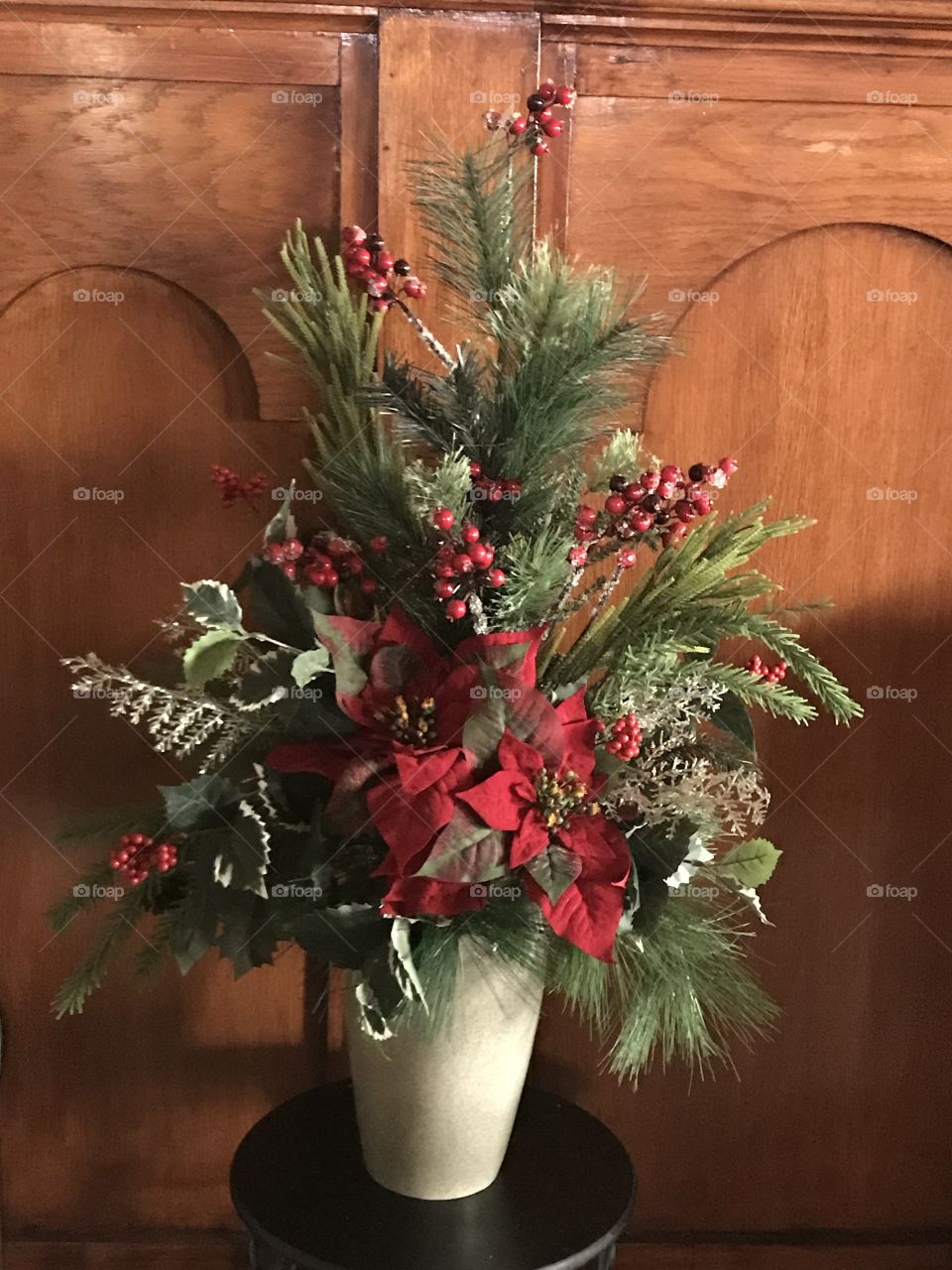 A gorgeous Christmas flower arrangement made especially for a church pulpit. 