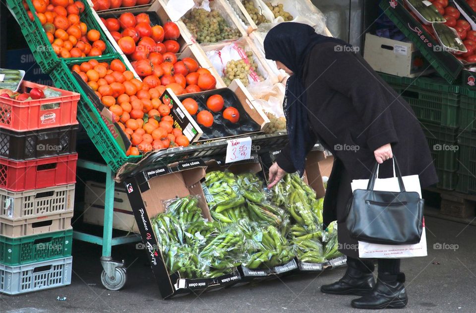 Lady Buying Fruits And Vegetables At Outdoors Market