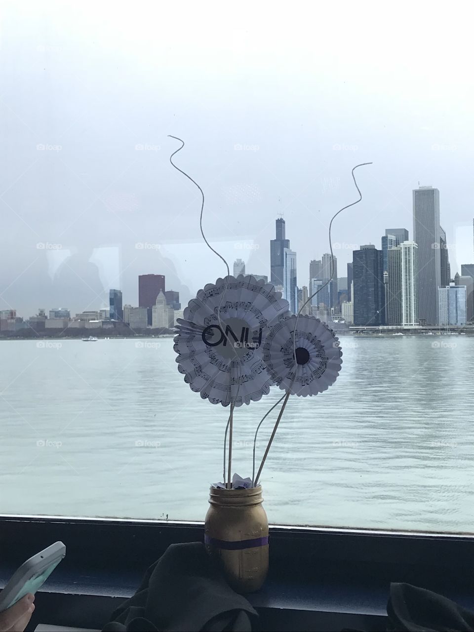 Banquet centerpiece in front of the Chicago skyline