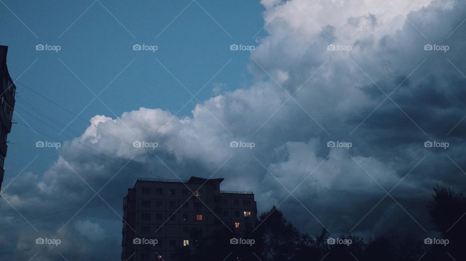 Cloudy dark sky, huge clouds, rainy weather