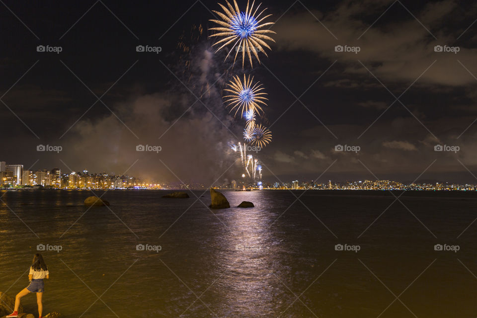 Happy New Year, fireworks in Florianopolis Santa Catarina Brazil.