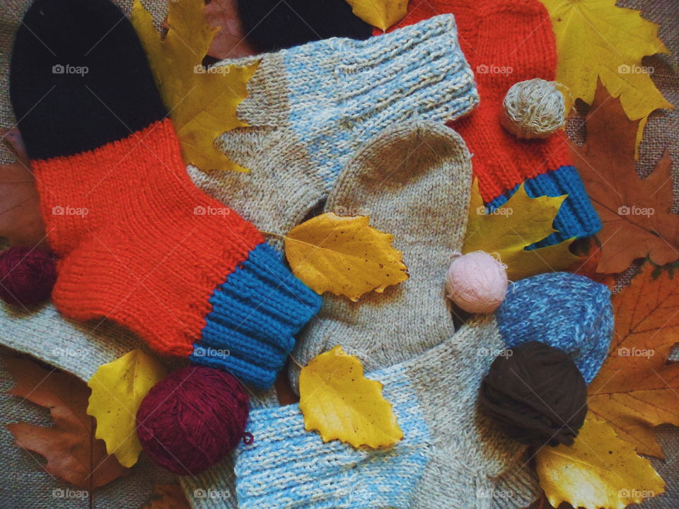 knitted warm socks and autumn leaves