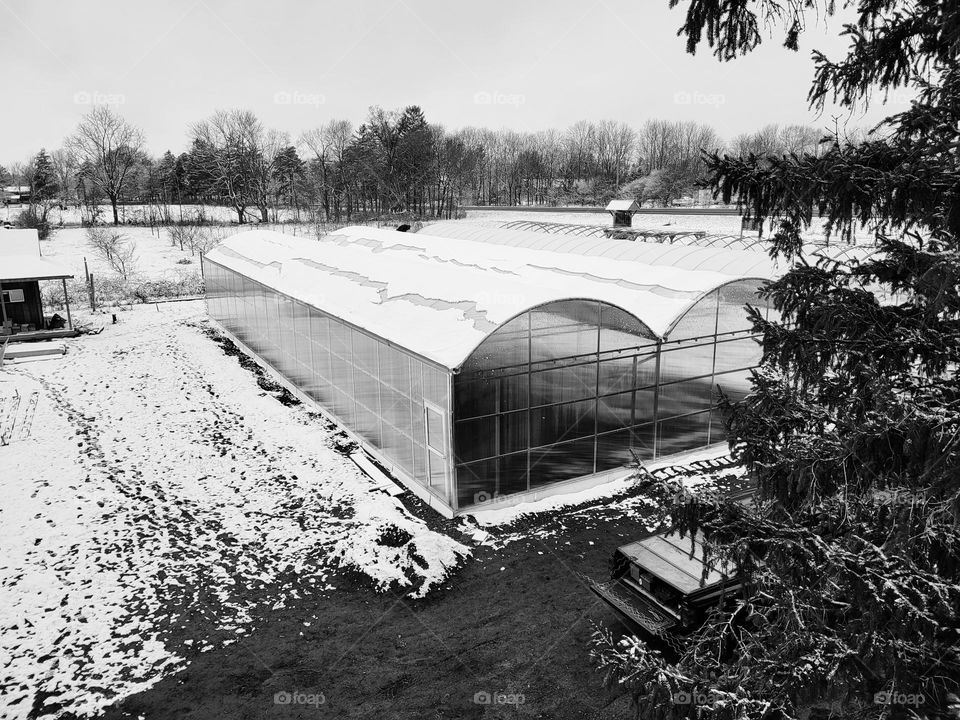 black and white greenhouse in winter Ariel view