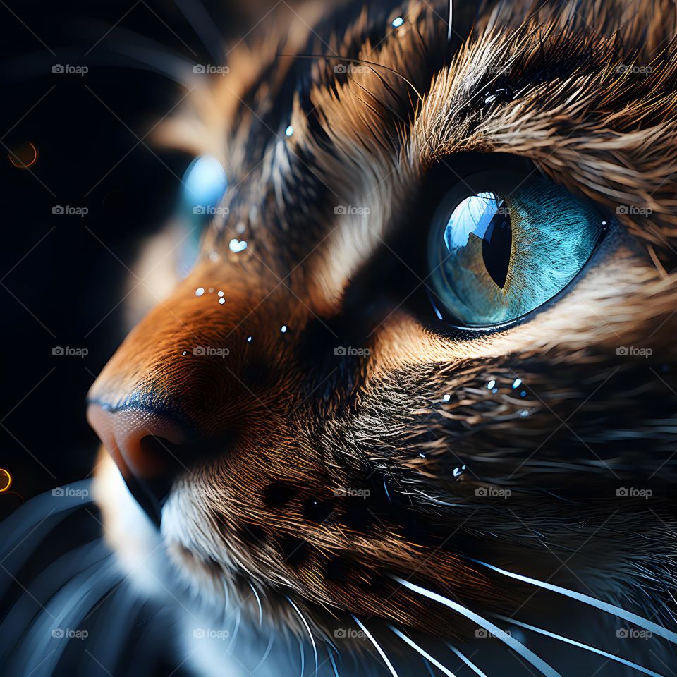 close up of a cat face with round eyes, in the style of vray tracing, photo-realistic techniques