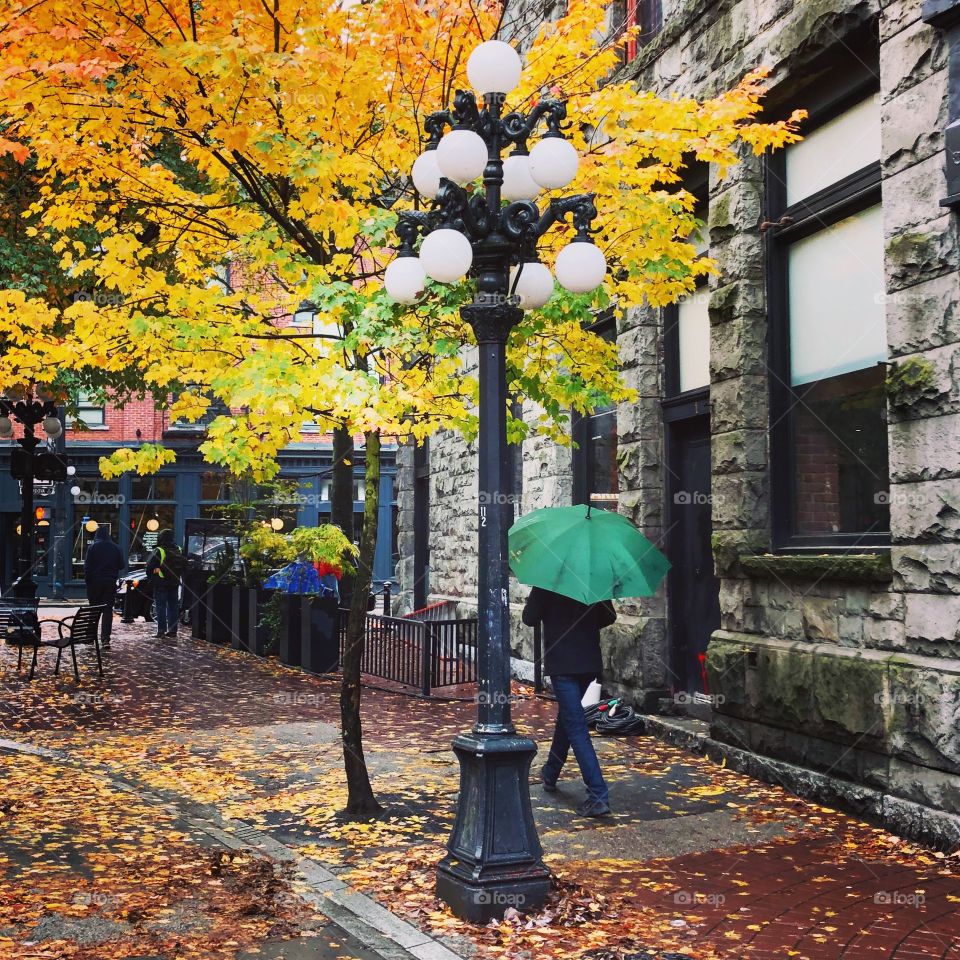 Autumn in Vancouver. Gastown. Old street. Umbrella. 