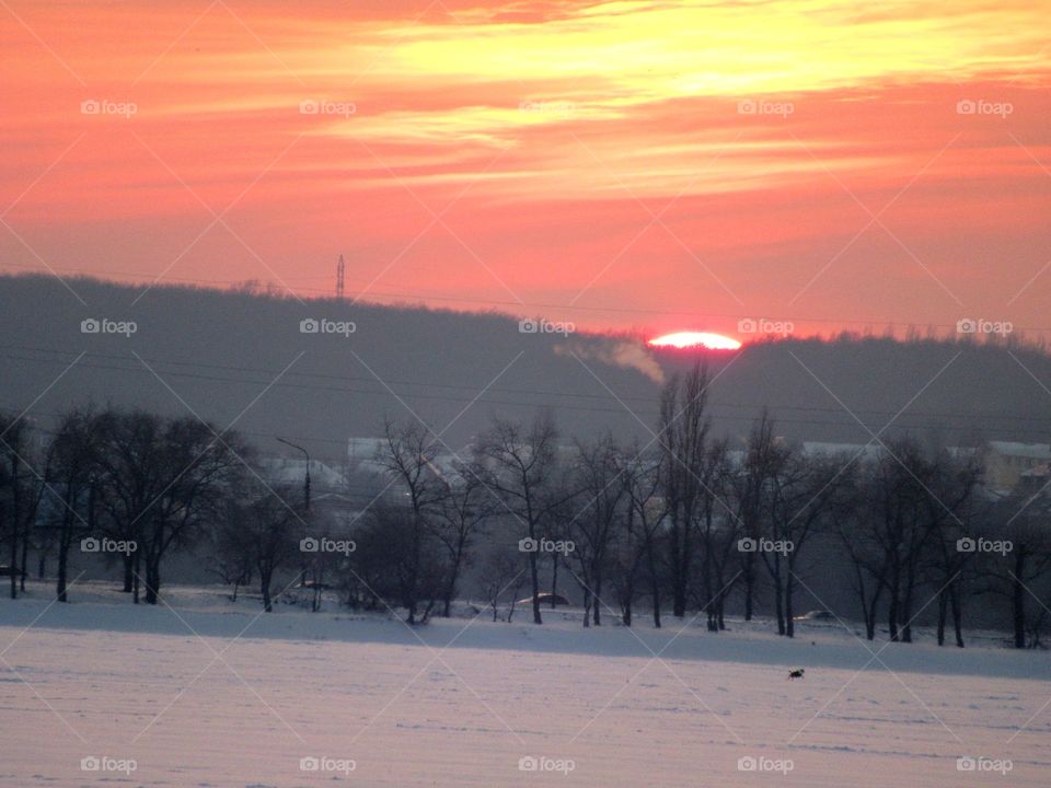 sunset in winter in Central Russia, Voronezh, January, Epiphany frost