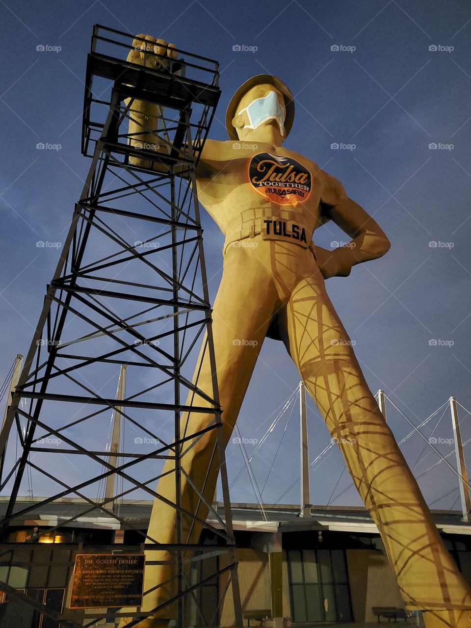 The Tulsa Driller statue in Oklahoma rises many feet into the air