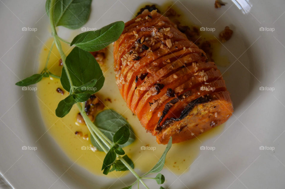 caramelized sweet potato with butter cashews and oregano