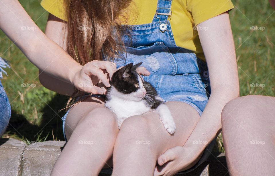 girl petting a cat