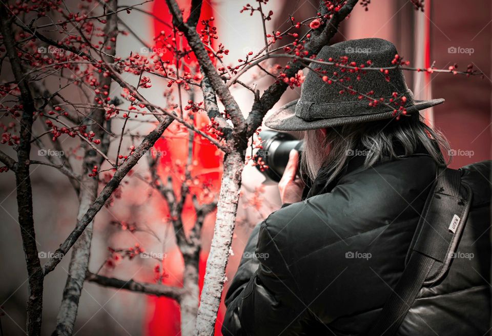 A man shooting through the flowers and bushes