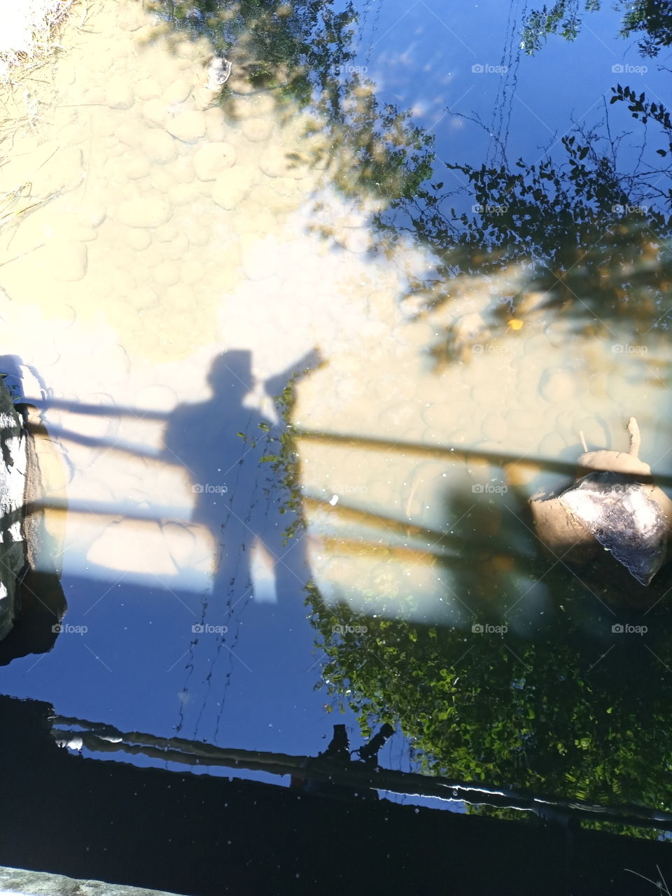 shadow of a person holding a long lens camera.