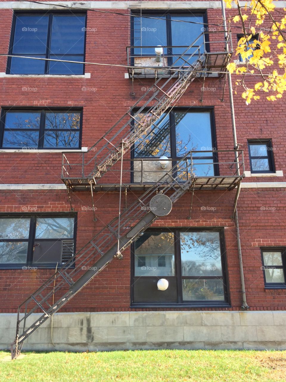 The old fire escape stairs still attached to the historic Grant Vocational School in Cedar Rapids, Iowa. 