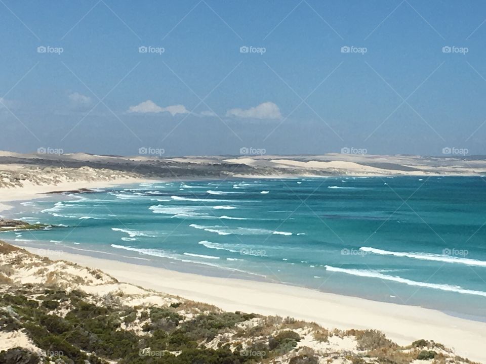 Scenic turquoise wonder, remote white sand beach in south Australia surrounded by rolling sand dunes in national park near Coffin Bay, pristine remote gorgeous wonderfully natural spot and filled with wildlife 