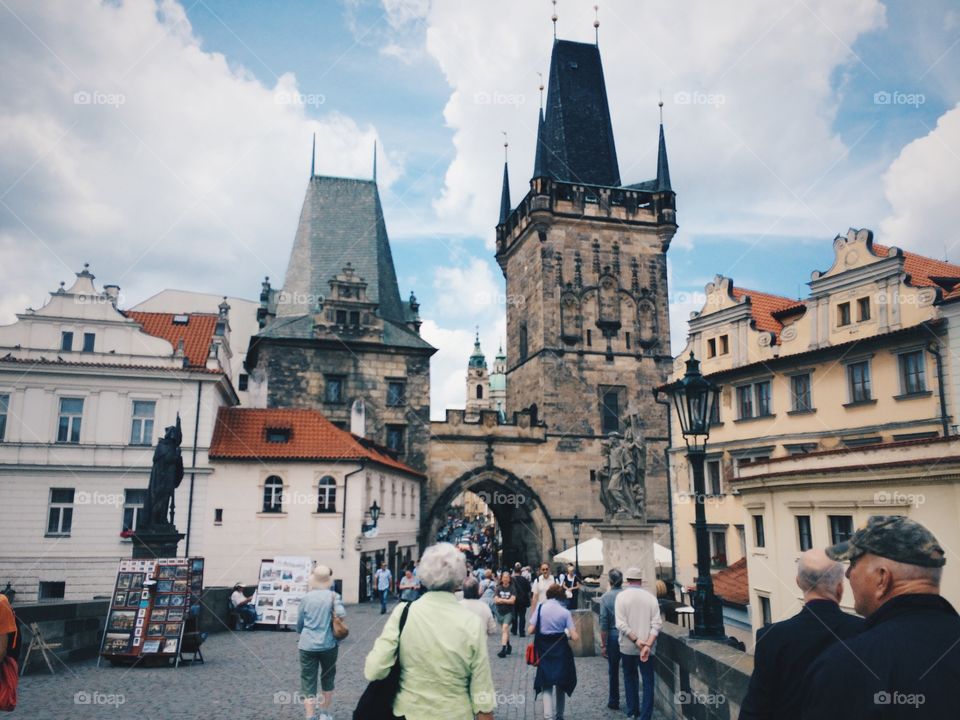 Overcrowded Charles bridge . The main attraction for tourists and bats