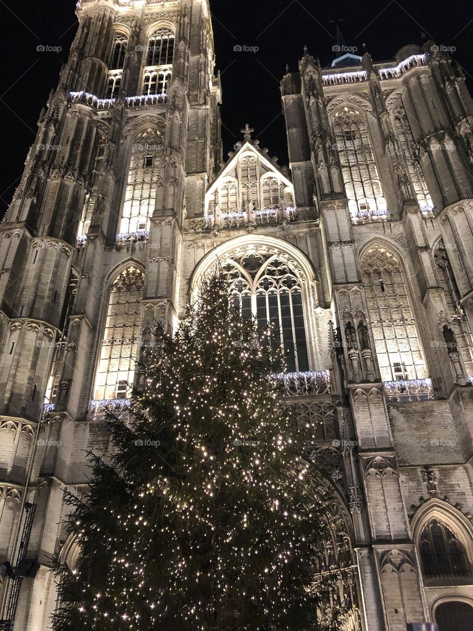 Church facade and a Christmas tree