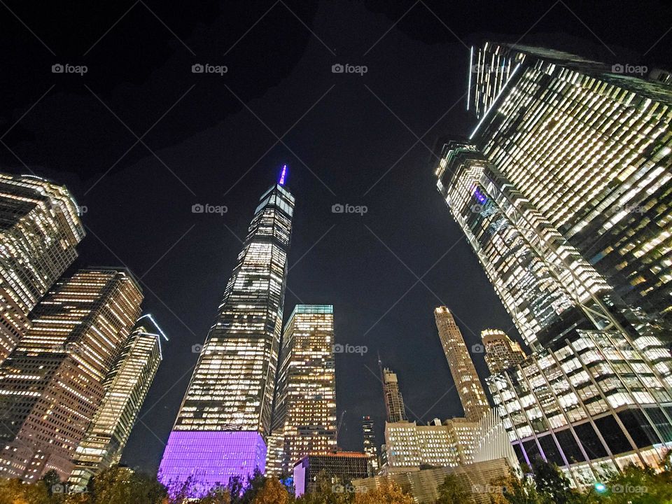 The skyscrapers of downtown Manhattan including Freedom Tower seen from ground level